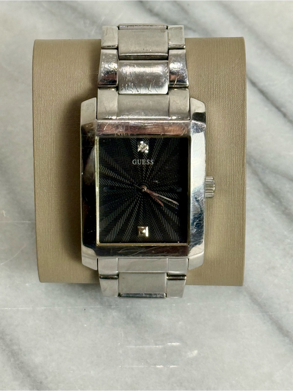 Guess Silver Tone Rectangular Watch Black Dial w/ Box